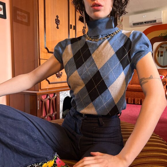 Y2K blue argile short sleeved turtleneck sweater shirt with puffed sleeve! - Picture 1 of 15
